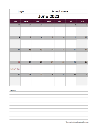 2023 Google Docs School Calendar Notes