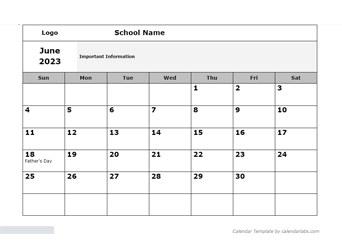 2023 Google Docs School Monthly Jun Calendar