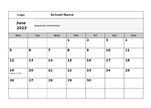 2023 Google Docs School Monthly Jun Mon Calendar