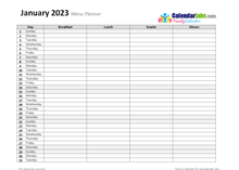 2023 Monthly Menu Planner