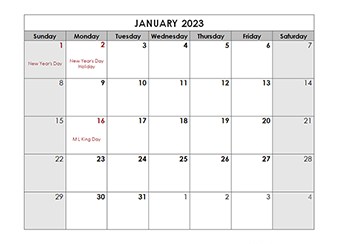 2023 Monthly US Holidays LibreOffice Calendar