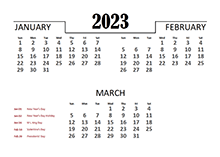 2023 Numbers Calendar with Holidays