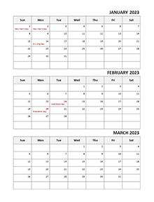 2023 Three Month Calendar Template