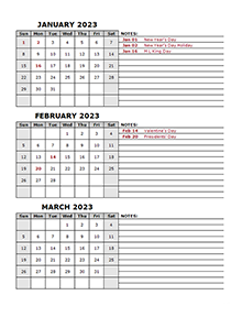 2023 Quarterly Calendar With Holidays