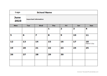 2023 School Monthly Mon Jun-Sep Calendar