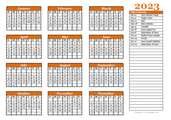 2023 Sikh Festivals Calendar Template