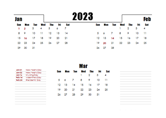 2023 Quarterly Three Month Calendar