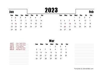 2023 Three Months Word Calendar Template