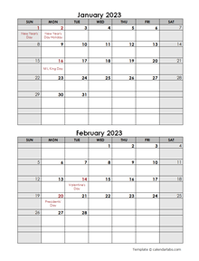 2023 Word Calendar Template Two Months In One Page