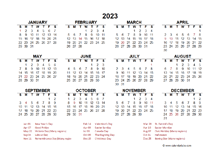 2023 Year at a Glance Calendar with Canada Holidays