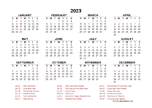2023 Year at a Glance Calendar with Hong Kong Holidays