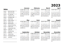 2023 Year Calendar Template with US Holidays