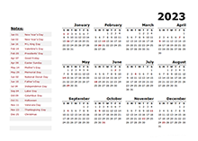 2023 Year Calendar Word Template With Holidays