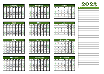 2023 Yearly Calendar With Blank Notes