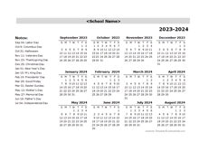 2023 Yearly School Sep-Aug Calendar With Holidays