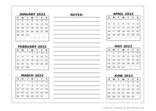 6 Months Per Page Calendar Template 2023