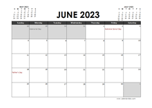 June 2023 Calendar Excel