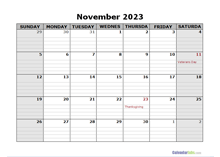 November 2023 Calendar Word