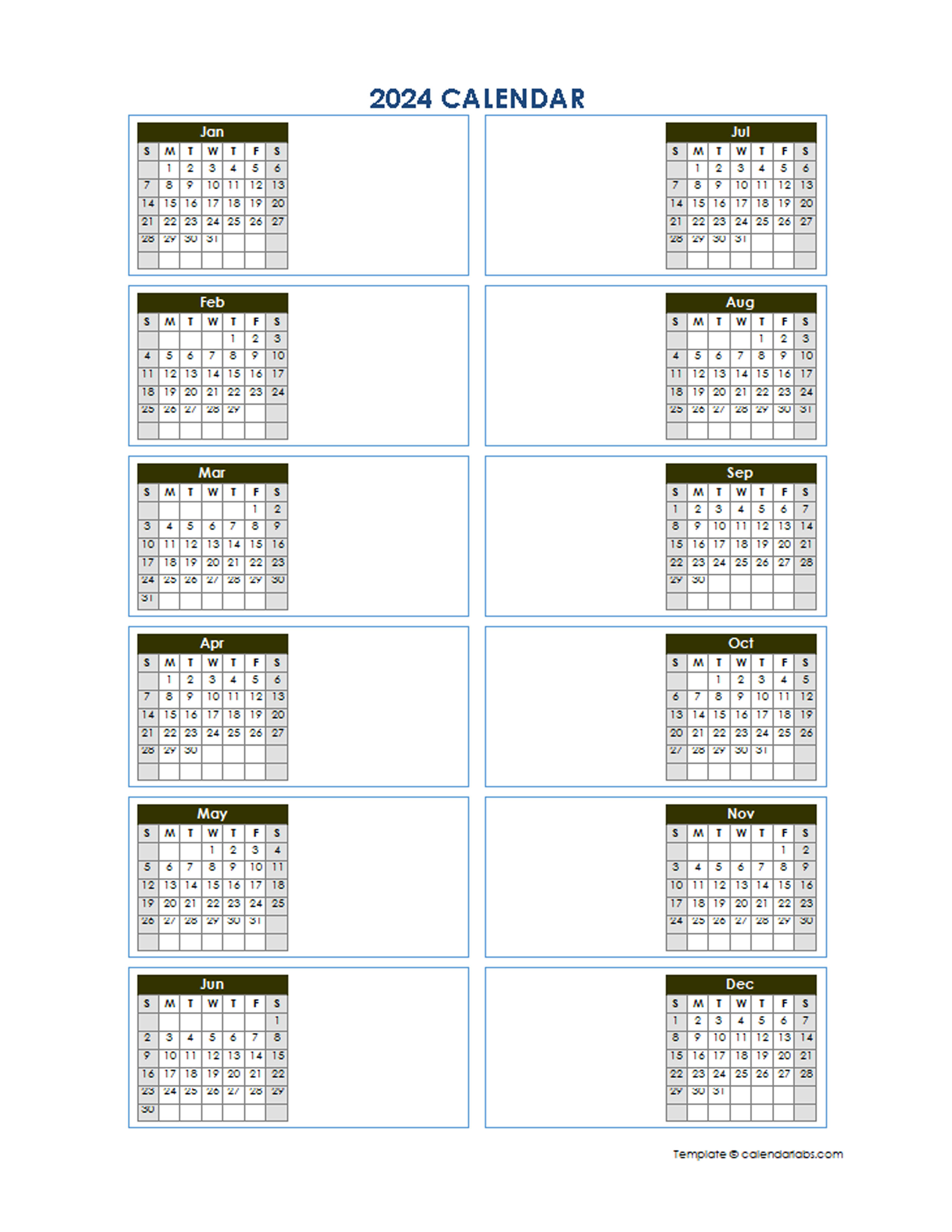2024 Blank Yearly Calendar Template Vertical Design Free Printable