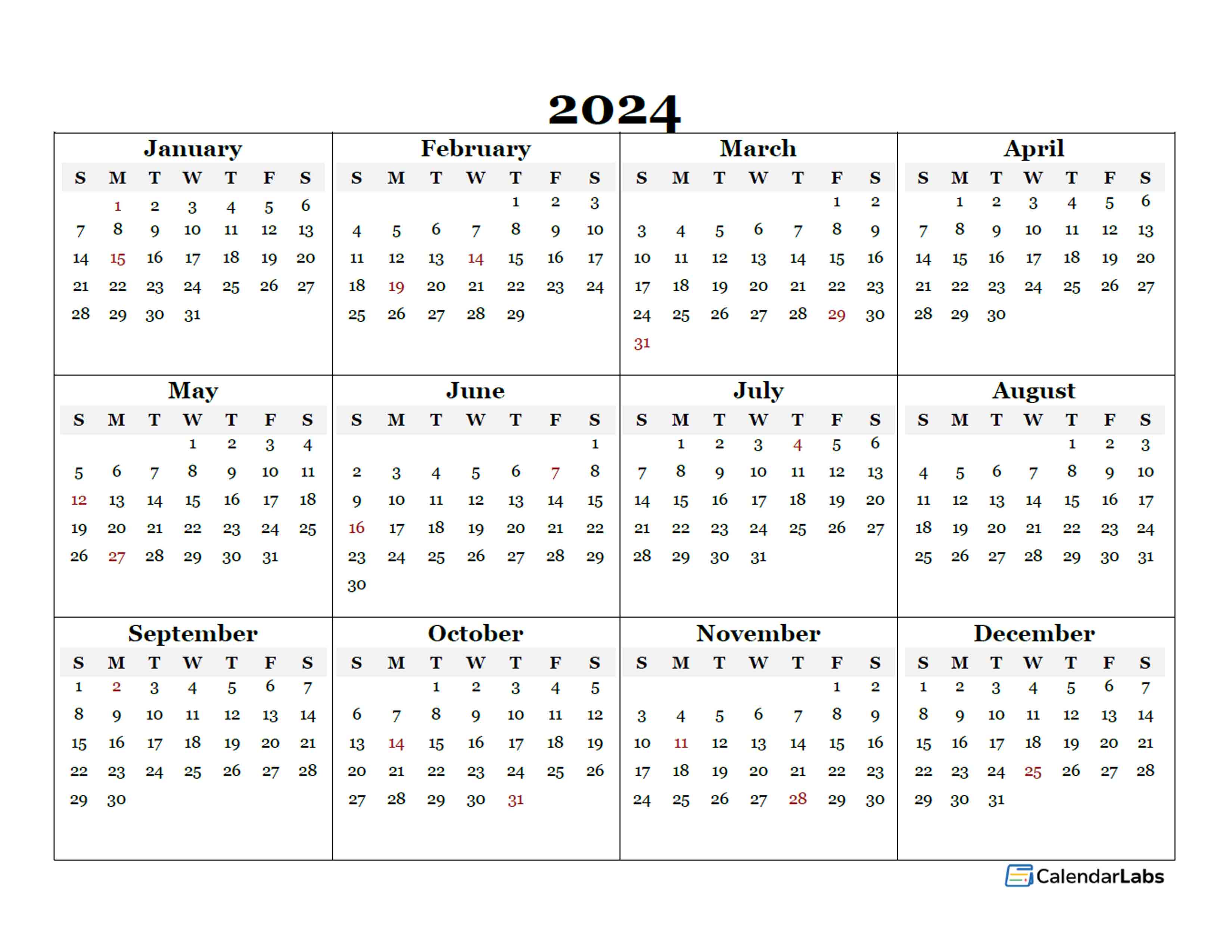 2024 Blank Yearly Calendar Template Free Printable Templates
