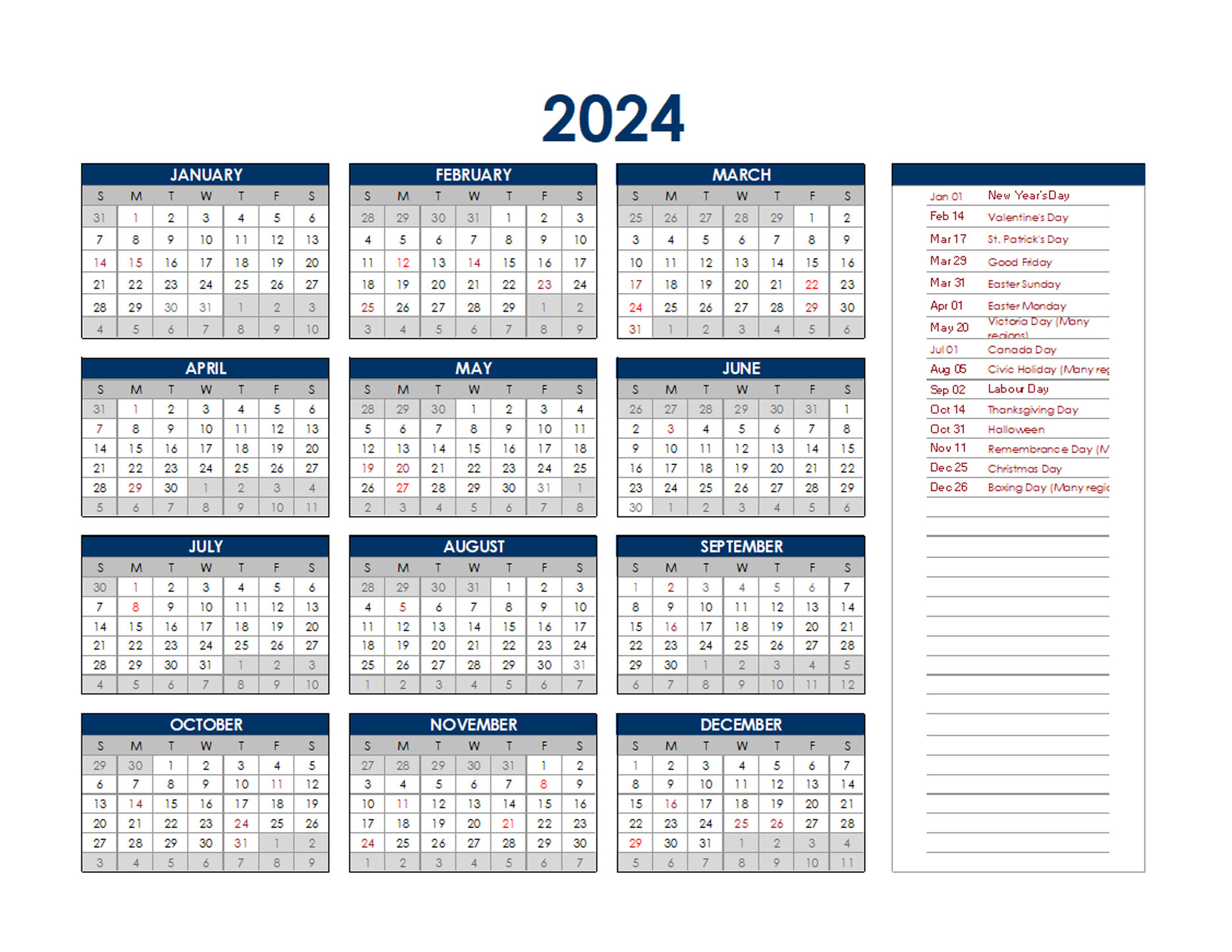 2024 Canada Annual Calendar With Holidays Free Printable Templates