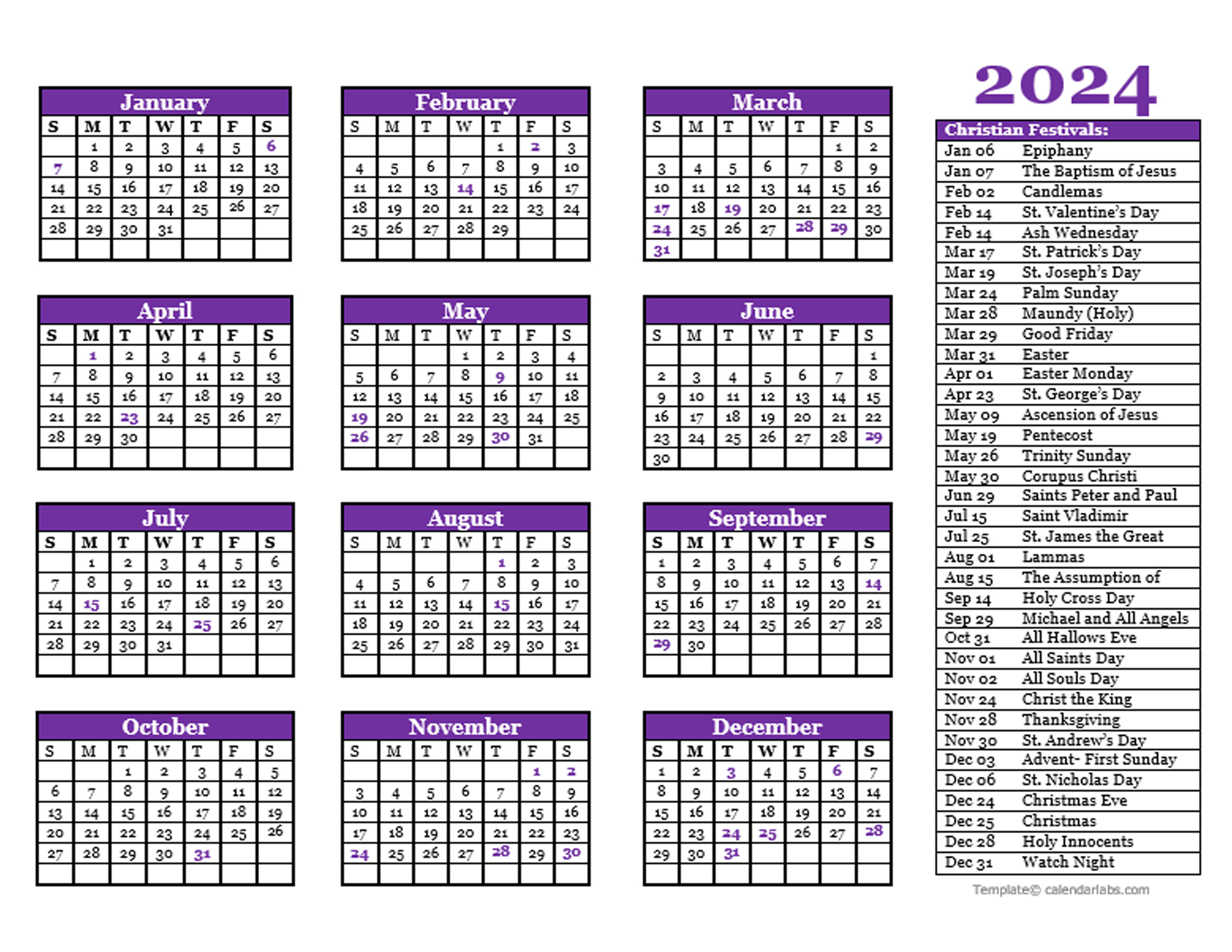 2024 Christian Festivals Calendar Template Free Printable Templates