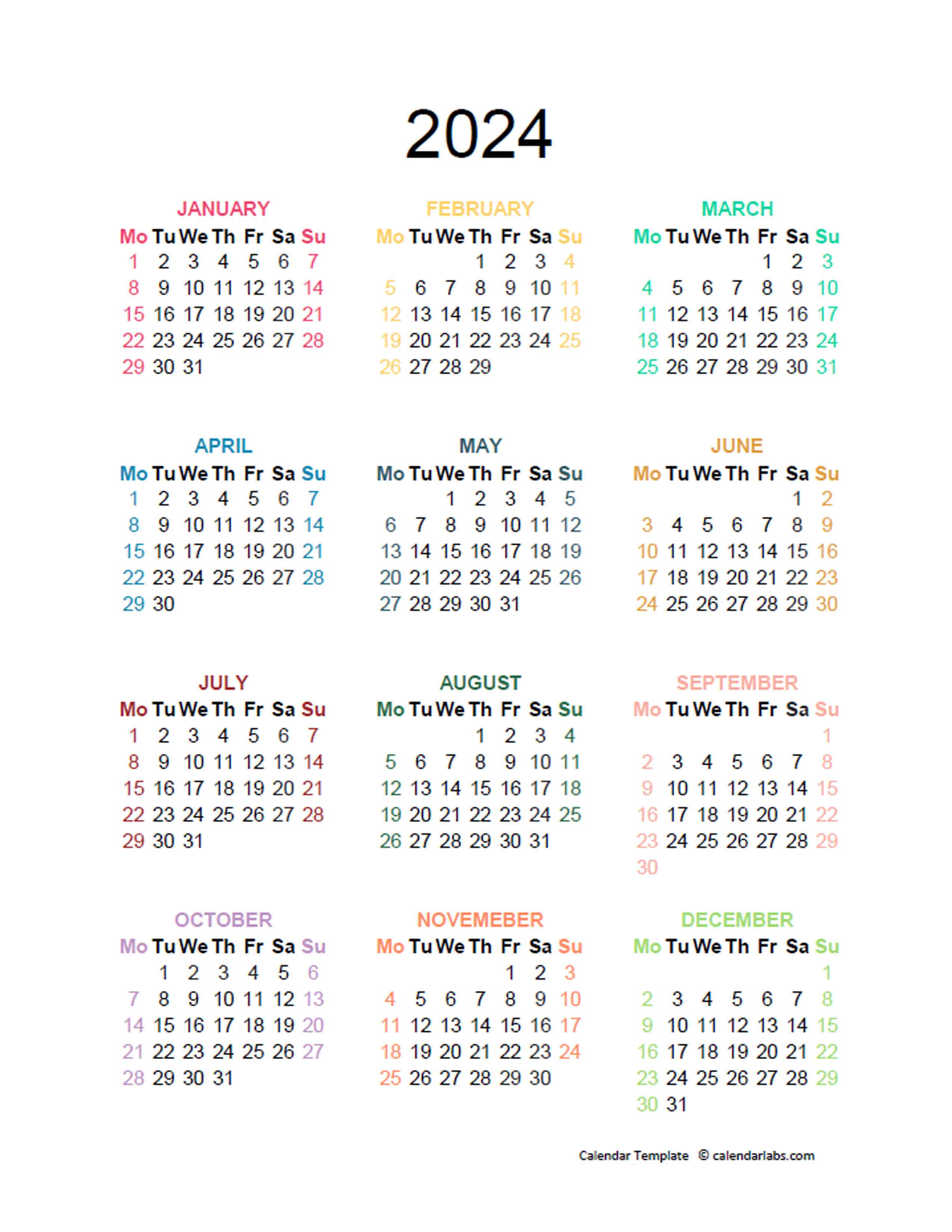 2024 Colorful Yearly Excel Calendar Free Printable Templates