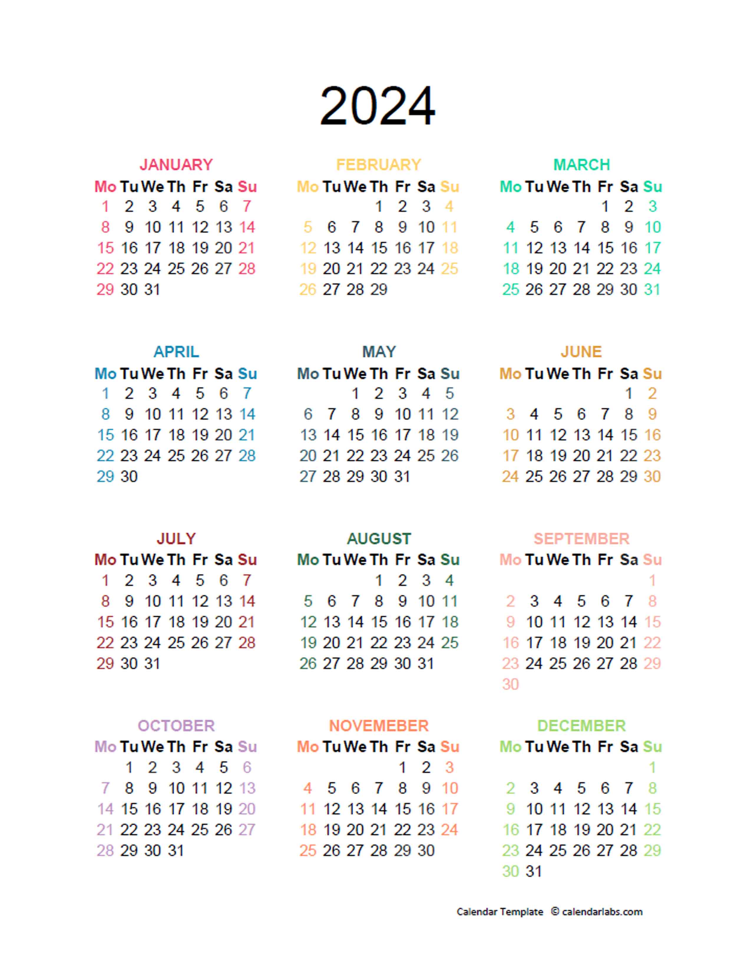 Yearly Calendar Excel Template 2024 Nat Kamillah