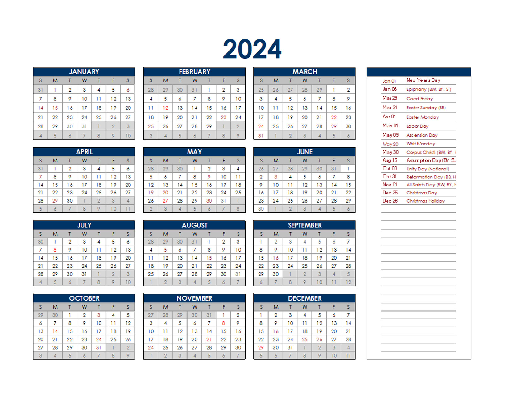 2024 Germany Annual Calendar with Holidays Free Printable Templates