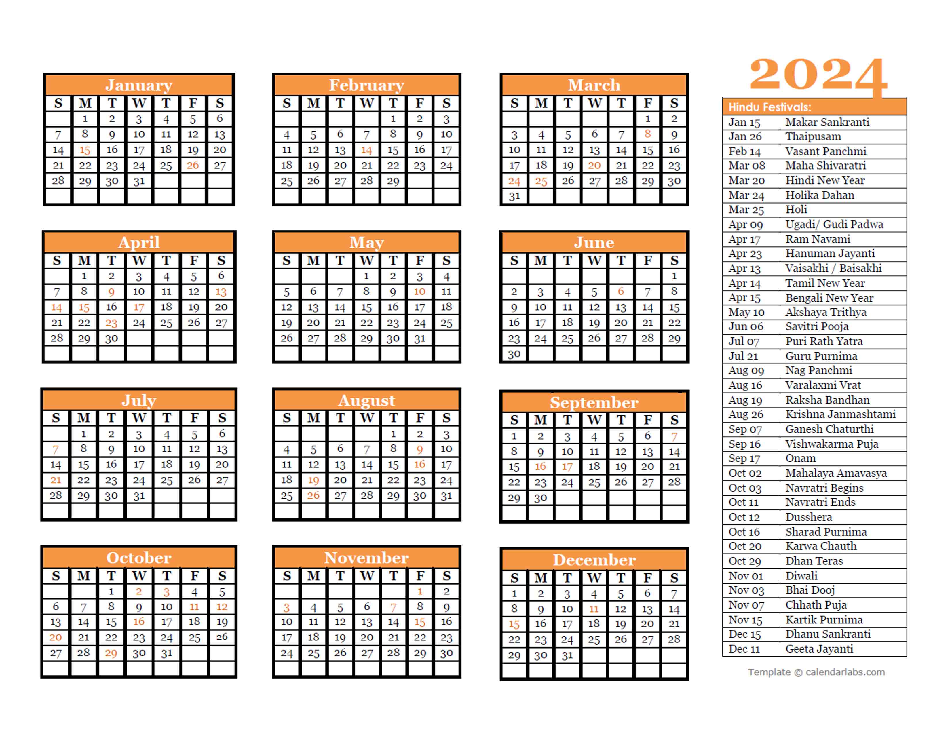 2024 Hindu Festivals Calendar Template - Free Printable Templates