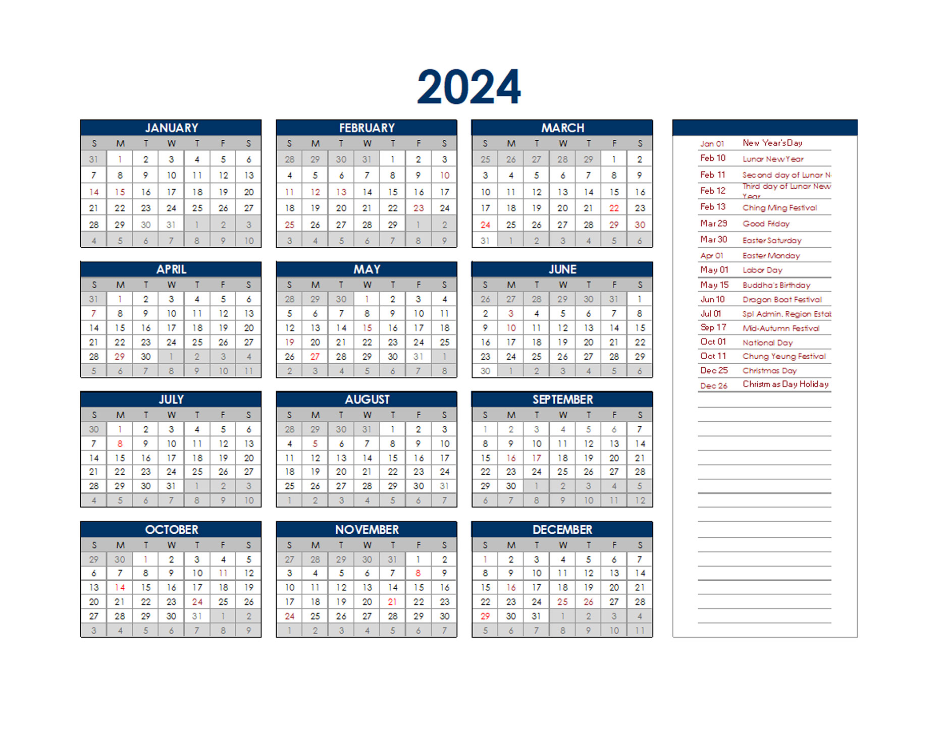 2024 Hong Kong Annual Calendar with Holidays - Free Printable Templates