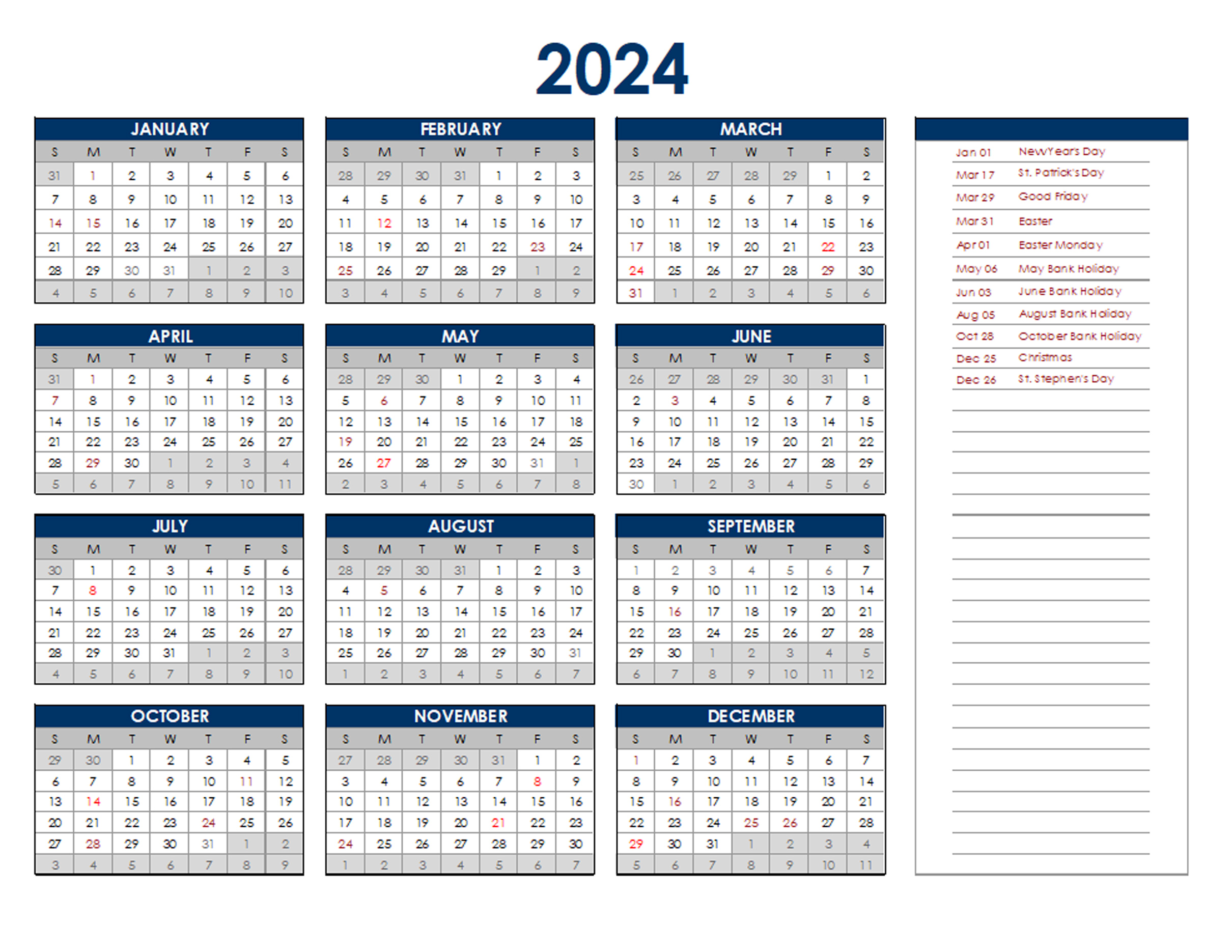 2024 Ireland Annual Calendar with Holidays Free Printable Templates