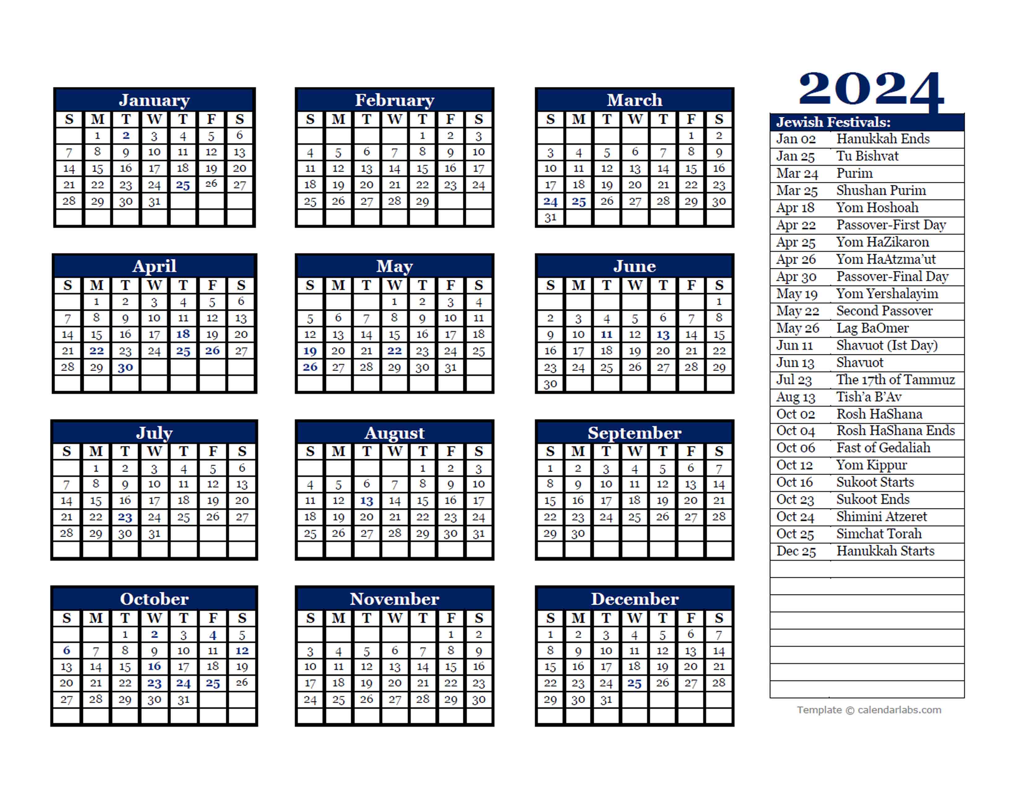 Hebrew Calendar 2024 - Printable Calendar 2023