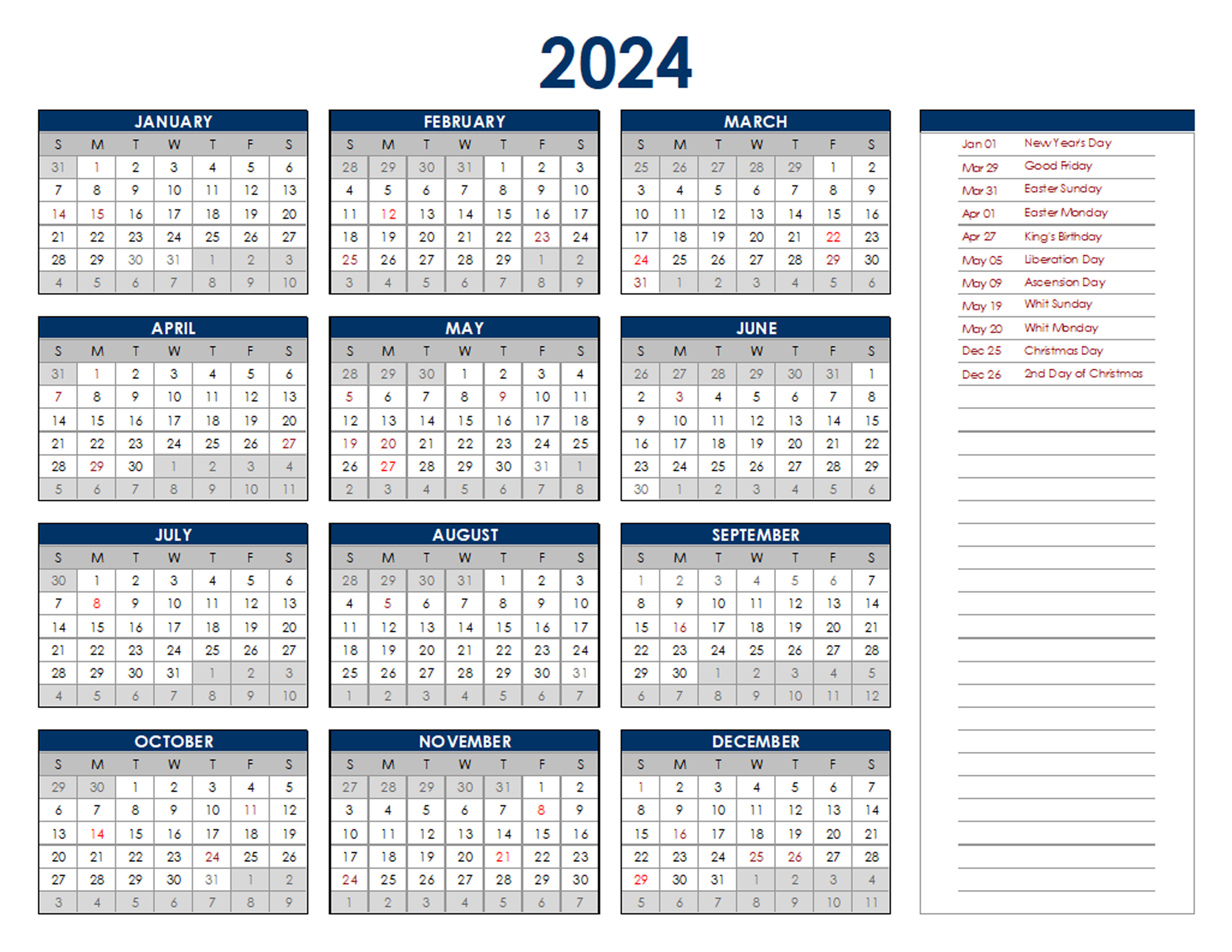 2024 Netherlands Annual Calendar with Holidays Free Printable Templates