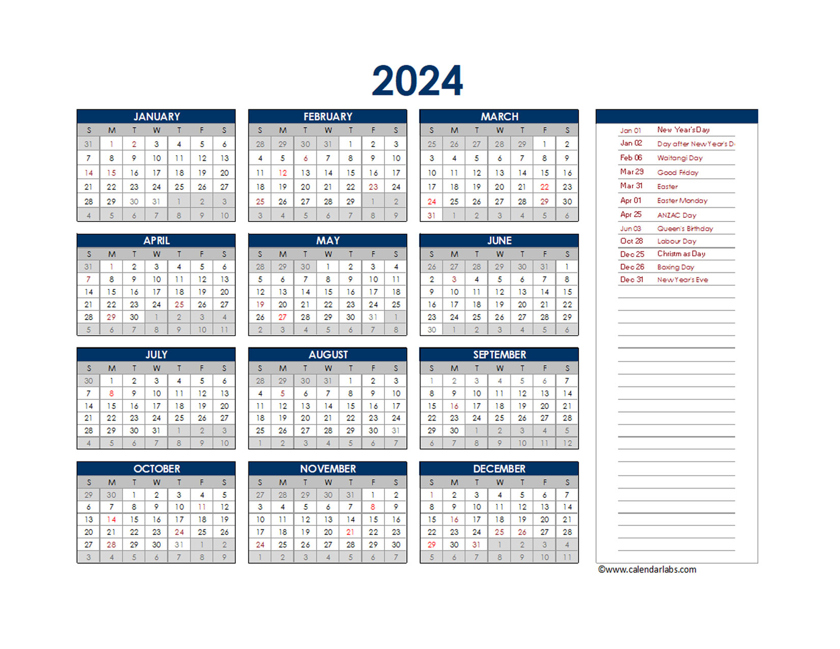 2024 New Zealand Annual Calendar with Holidays Free Printable Templates