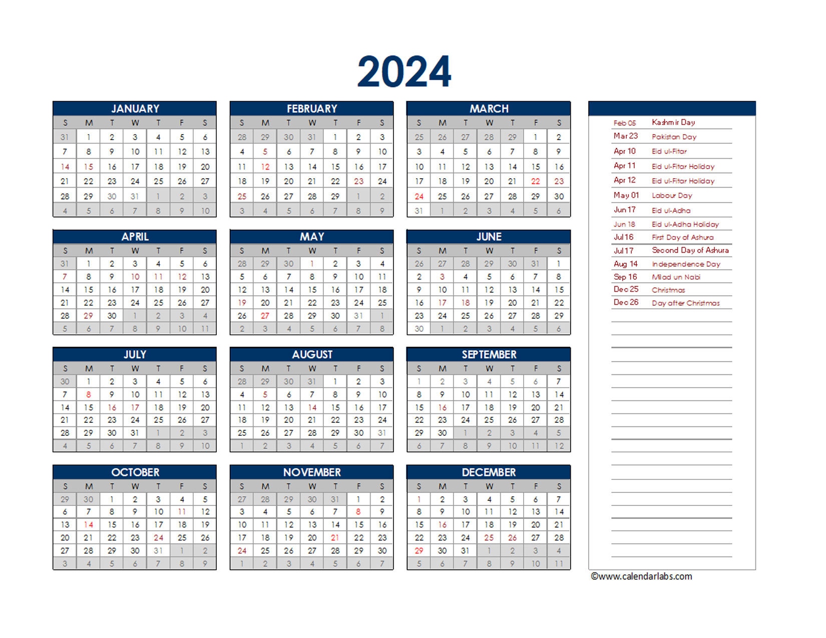 2024 Pakistan Annual Calendar with Holidays Free Printable Templates