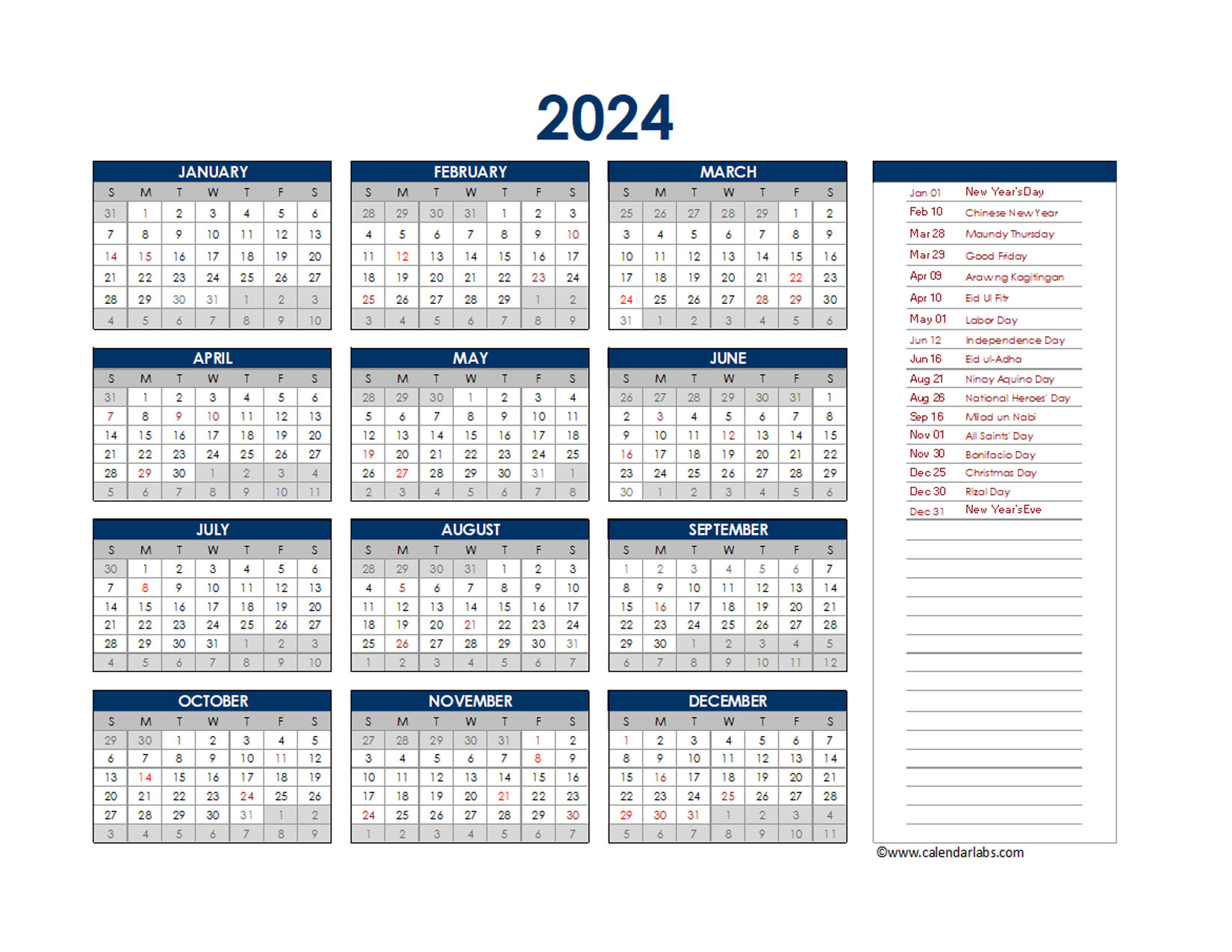 2024 Philippines Annual Calendar with Holidays Free Printable Templates