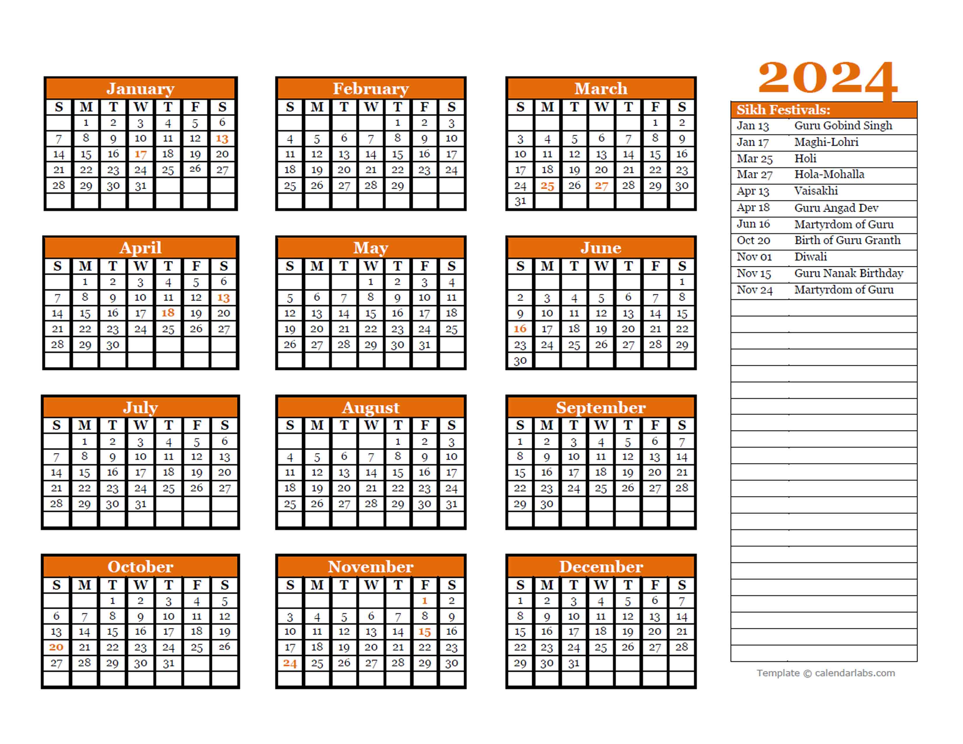 2024 Sikh Festivals Calendar Template Free Printable Templates