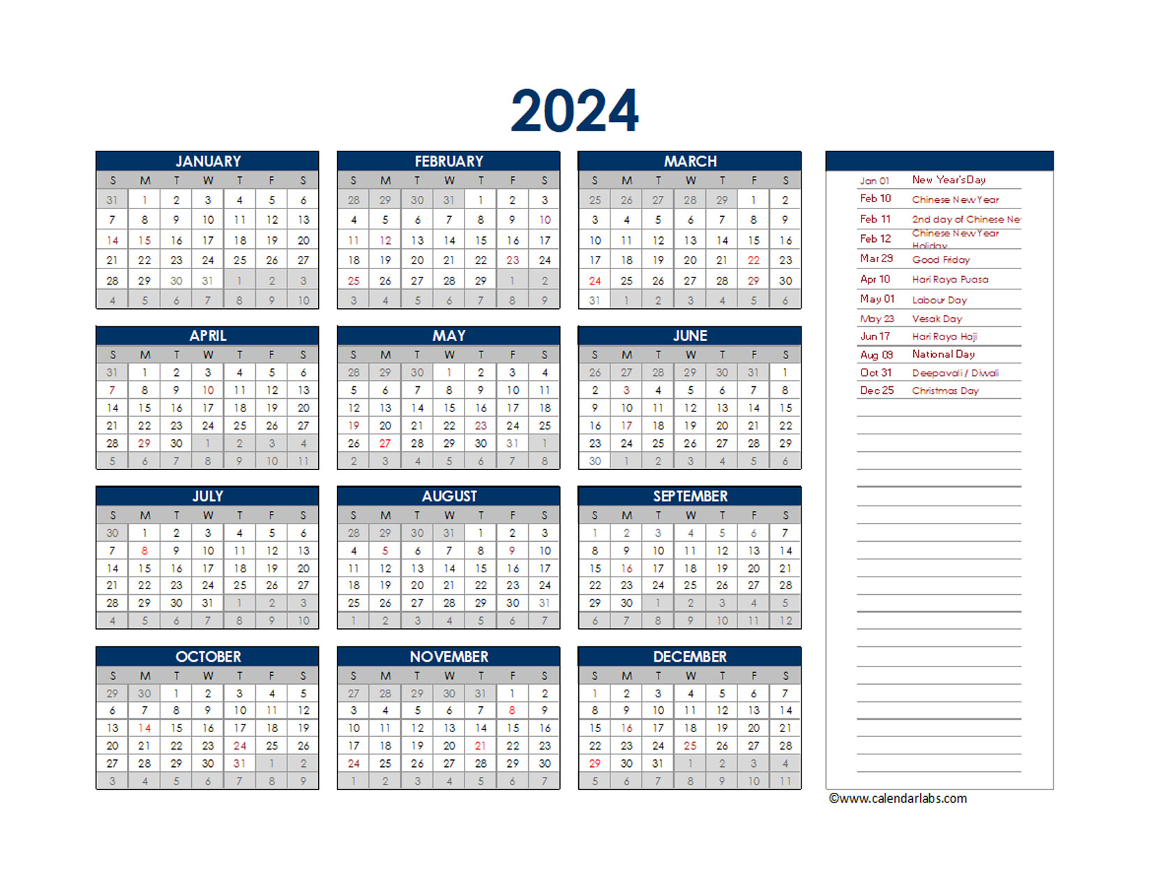 2024 Singapore Annual Calendar with Holidays Free Printable Templates