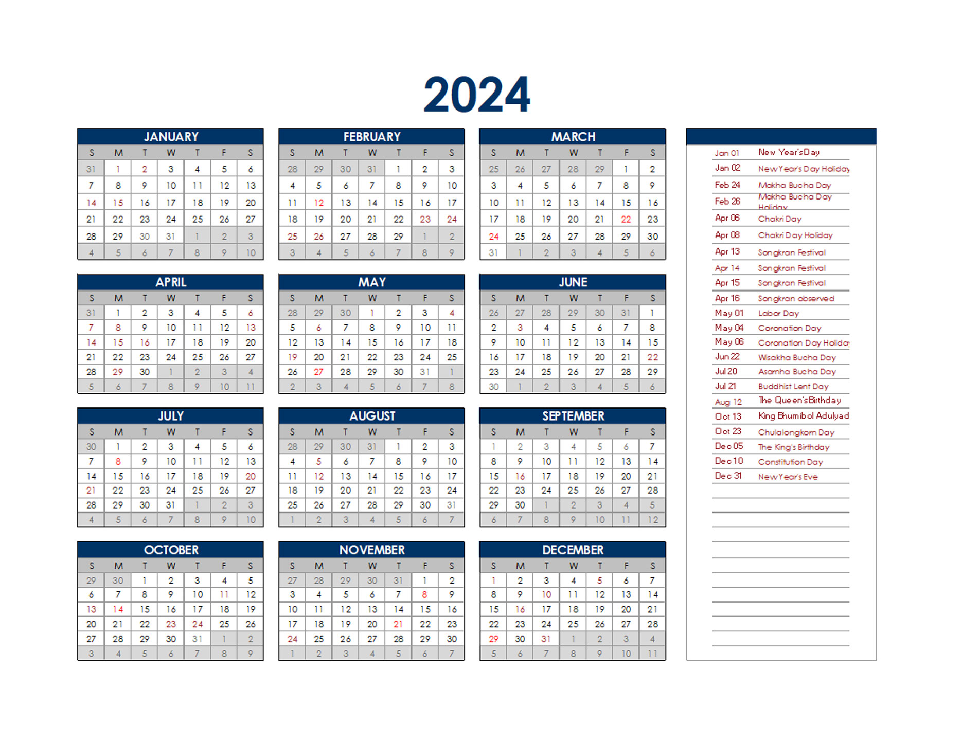 2024 Thailand Annual Calendar with Holidays Free Printable Templates