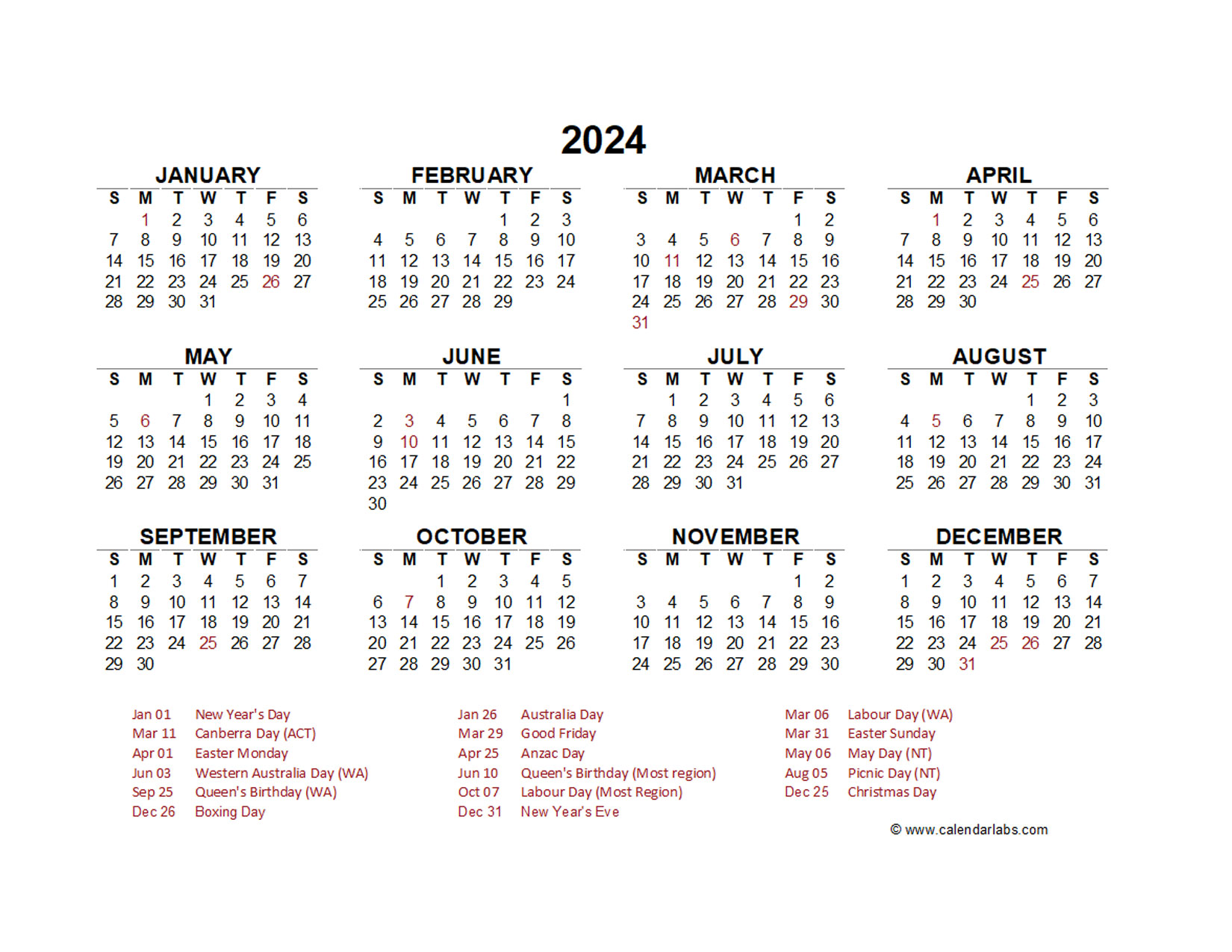 2024 Year at a Glance Calendar with Australia Holidays Free Printable