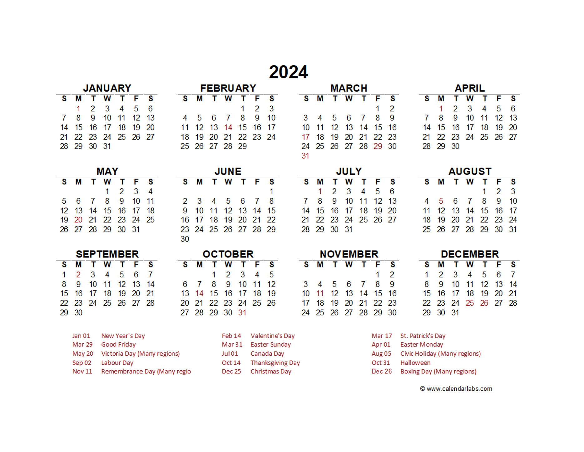 2024 Year at a Glance Calendar with Canada Holidays Free Printable
