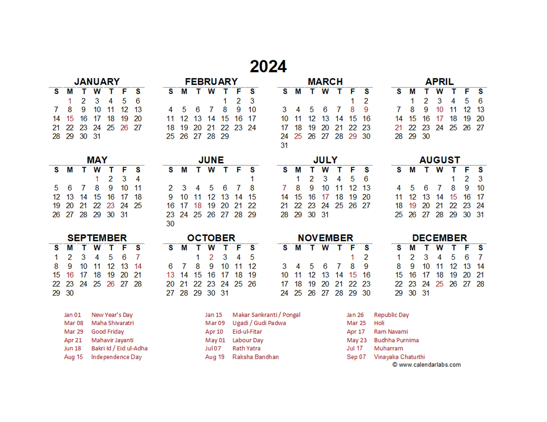 2024 Year at a Glance Calendar with India Holidays - Free Printable