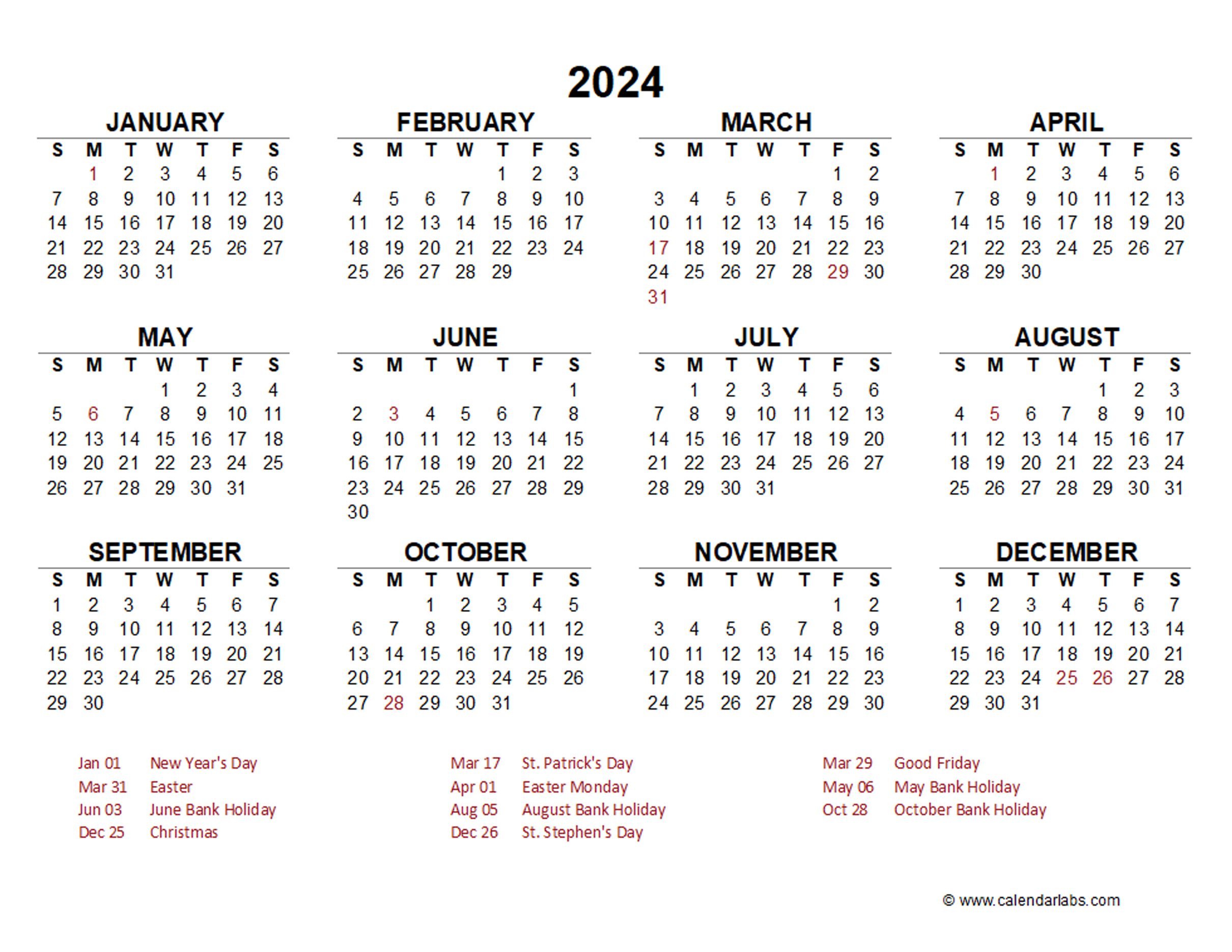 2024 Year At A Glance Calendar Ireland Holidays 03 
