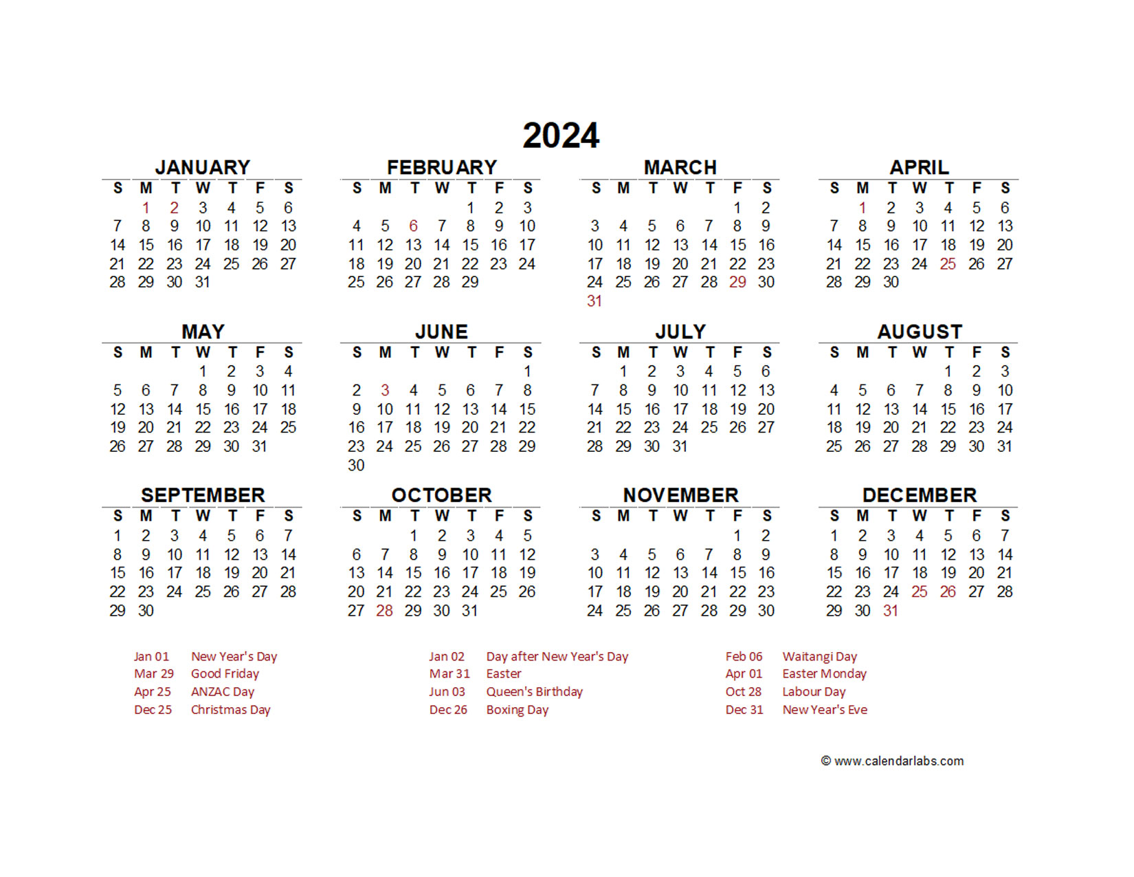 2024 Year at a Glance Calendar with New Zealand Holidays Free