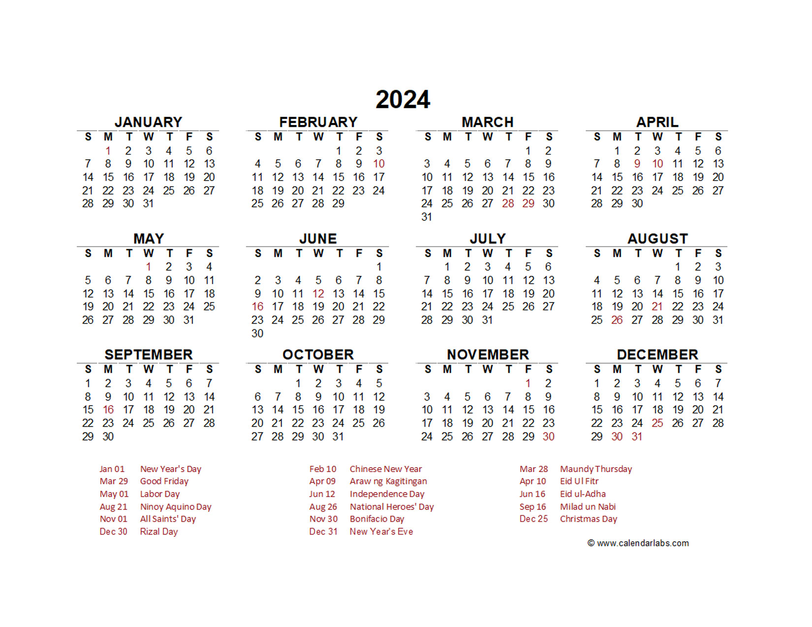 2024 Year At A Glance Calendar With Philippines Holidays Free