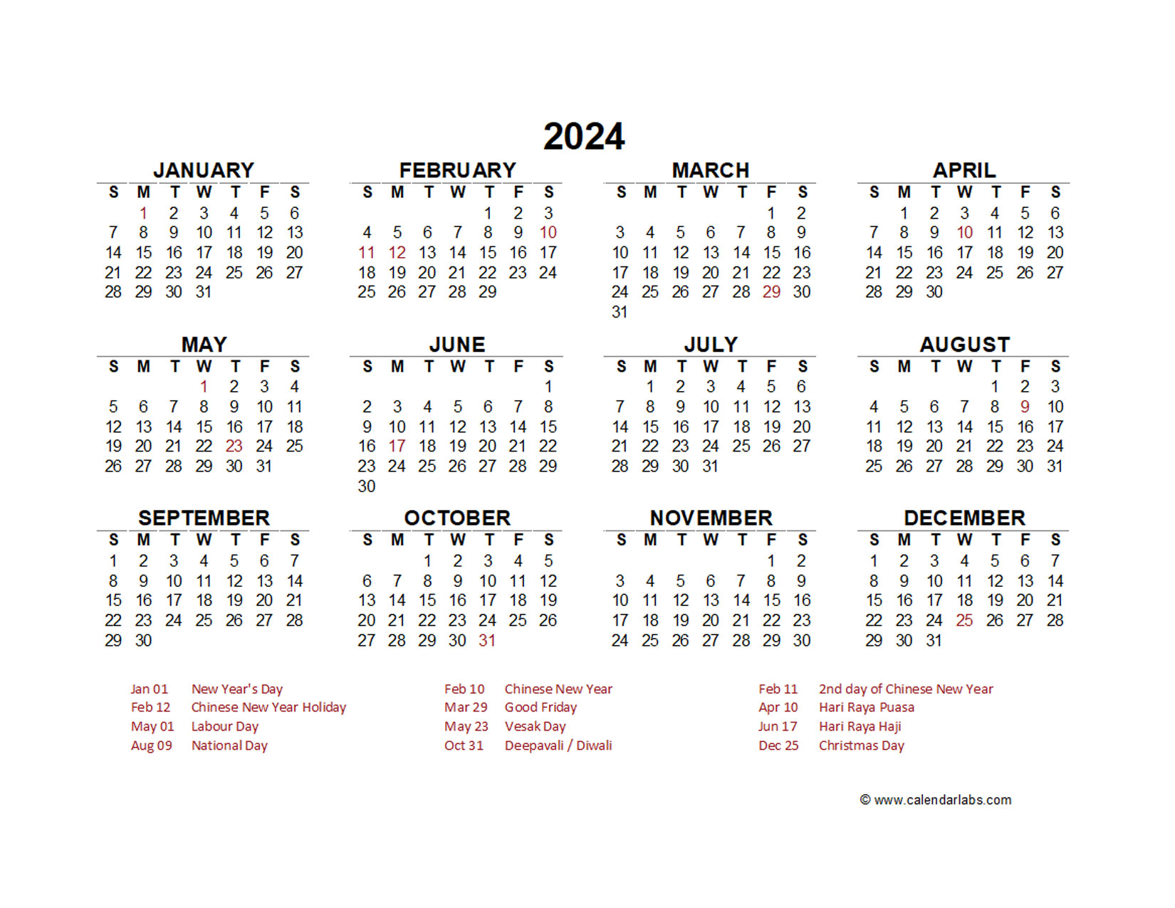 2024 Year at a Glance Calendar with Singapore Holidays Free Printable