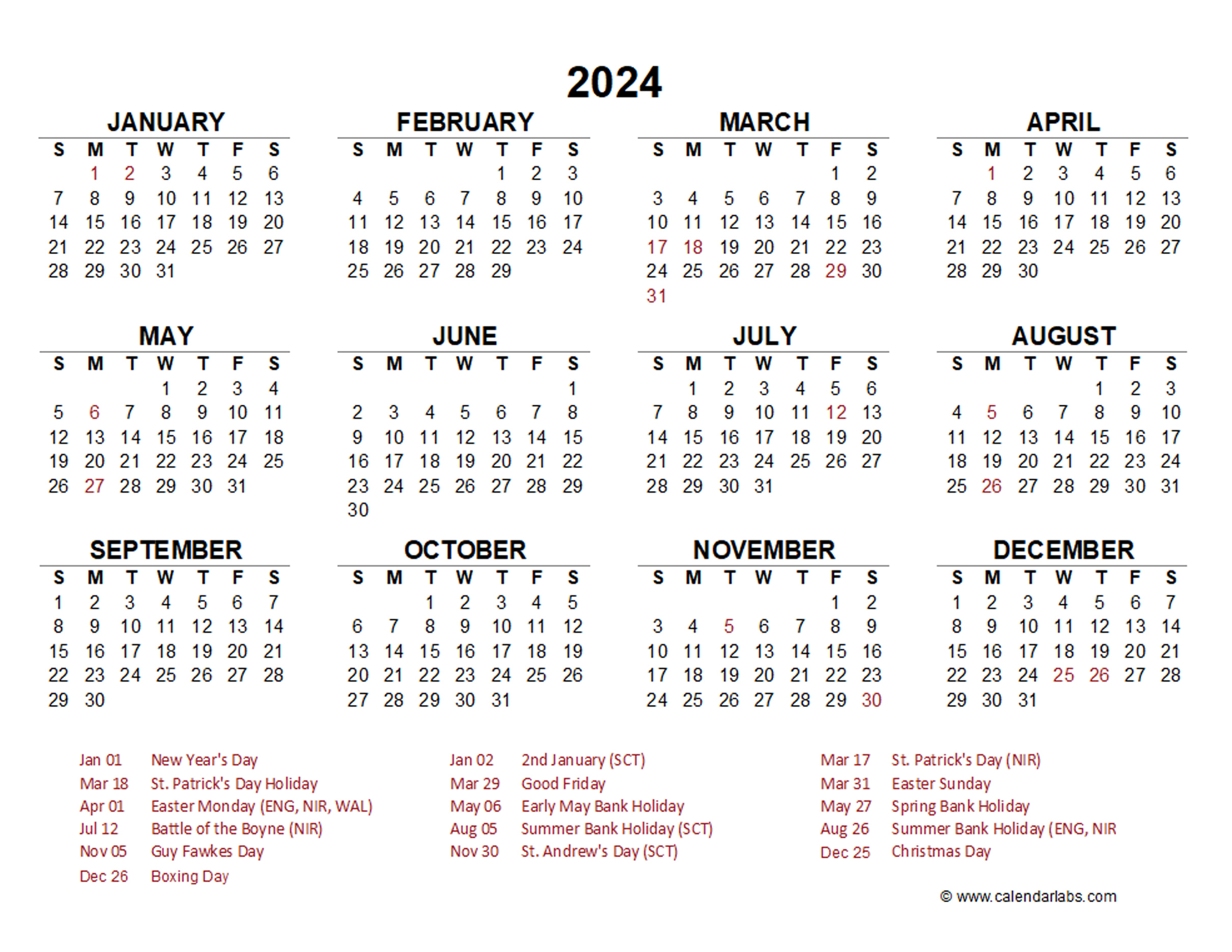 2024 Year at a Glance Calendar with UK Holidays Free Printable Templates