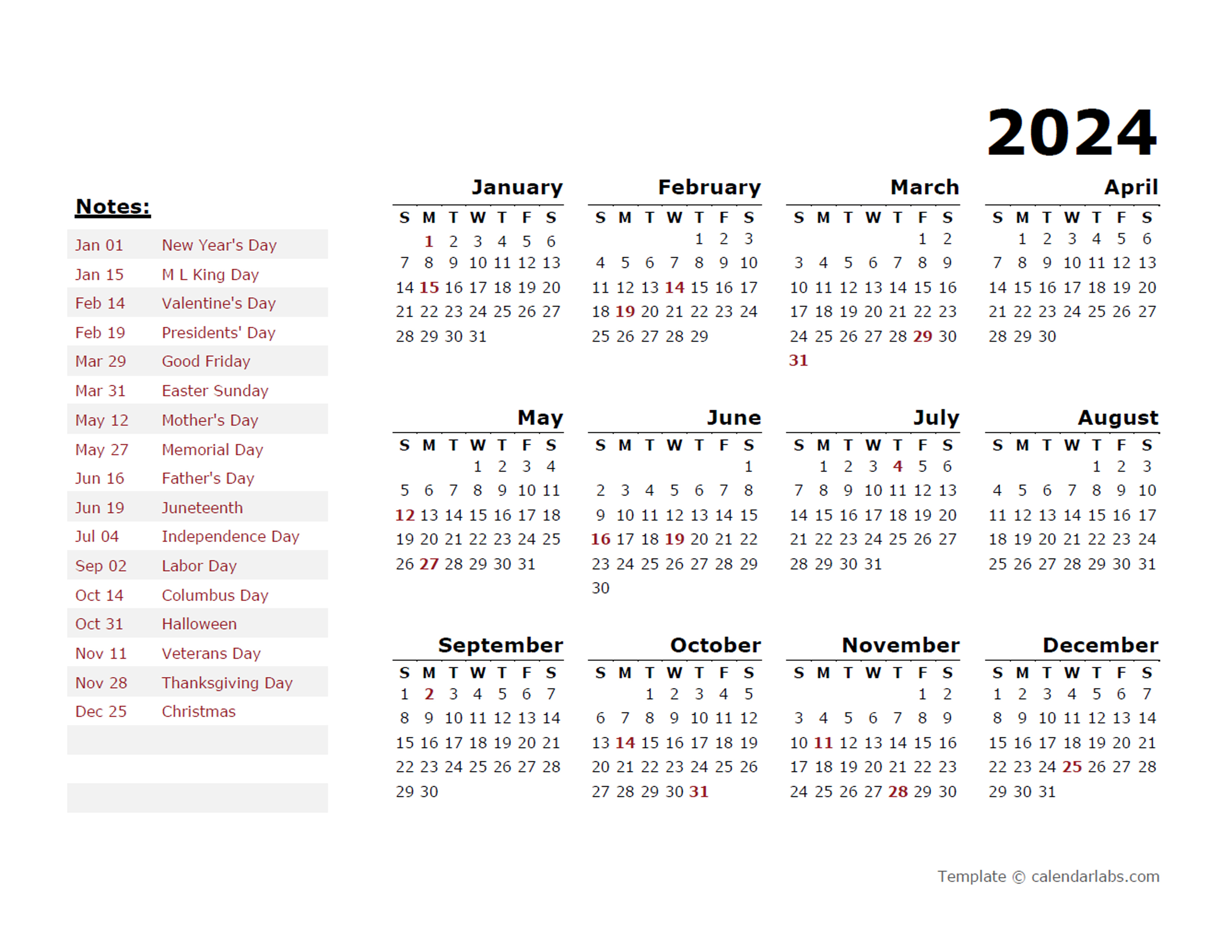 2024 Yearly Calendar Template With US Holidays Free Printable Templates