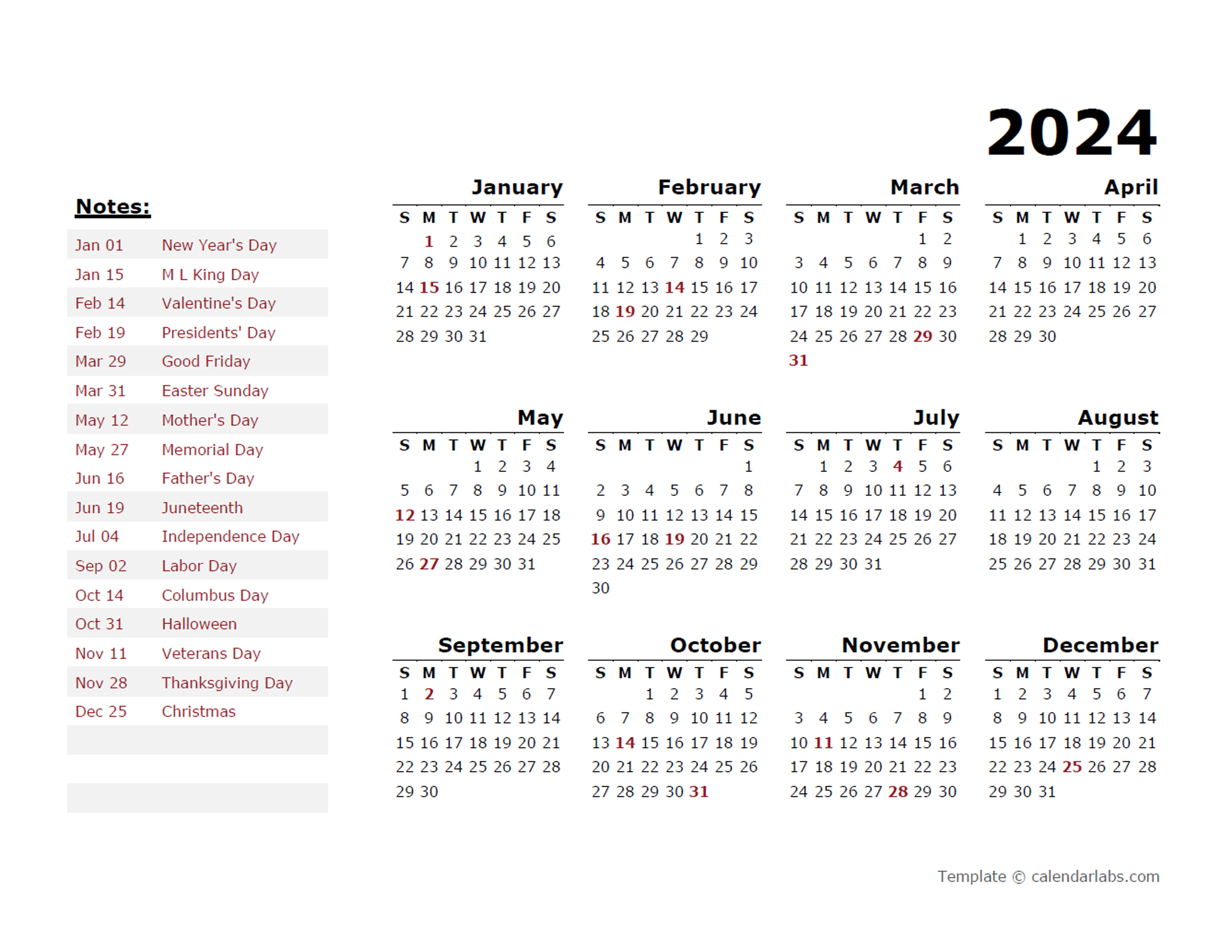 2024 Yearly Calendar Template With US Holidays - Free Printable Templates